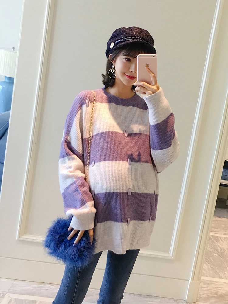 

Pregnant women knit top Korean version 2018 new color striped loose large size sweater tide hot mom personality