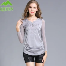 Осенняя Футболка женские шелковые топы футболки вышивка цветок с длинным рукавом v-образные вырезы Модные женские хомут джемпер Рубашки