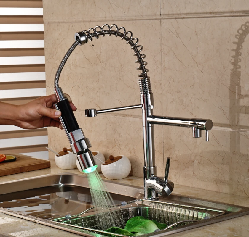 Chrome LED Light Spring Kitchen Faucet Swivel Spout Single Handle Pull out Spray Sink Mixer Tap