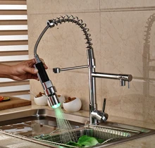 Chrome LED Light Spring Kitchen Faucet Swivel Spout Single Handle Pull out Spray Sink Mixer Tap