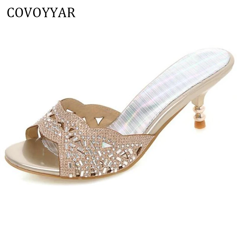 

COVOYYAR 2019 New Women Slippers Mules Summer Rhinestone Thin Heel Slingback Women Sandals Peep Toe Lady Slides Shoes WSL25