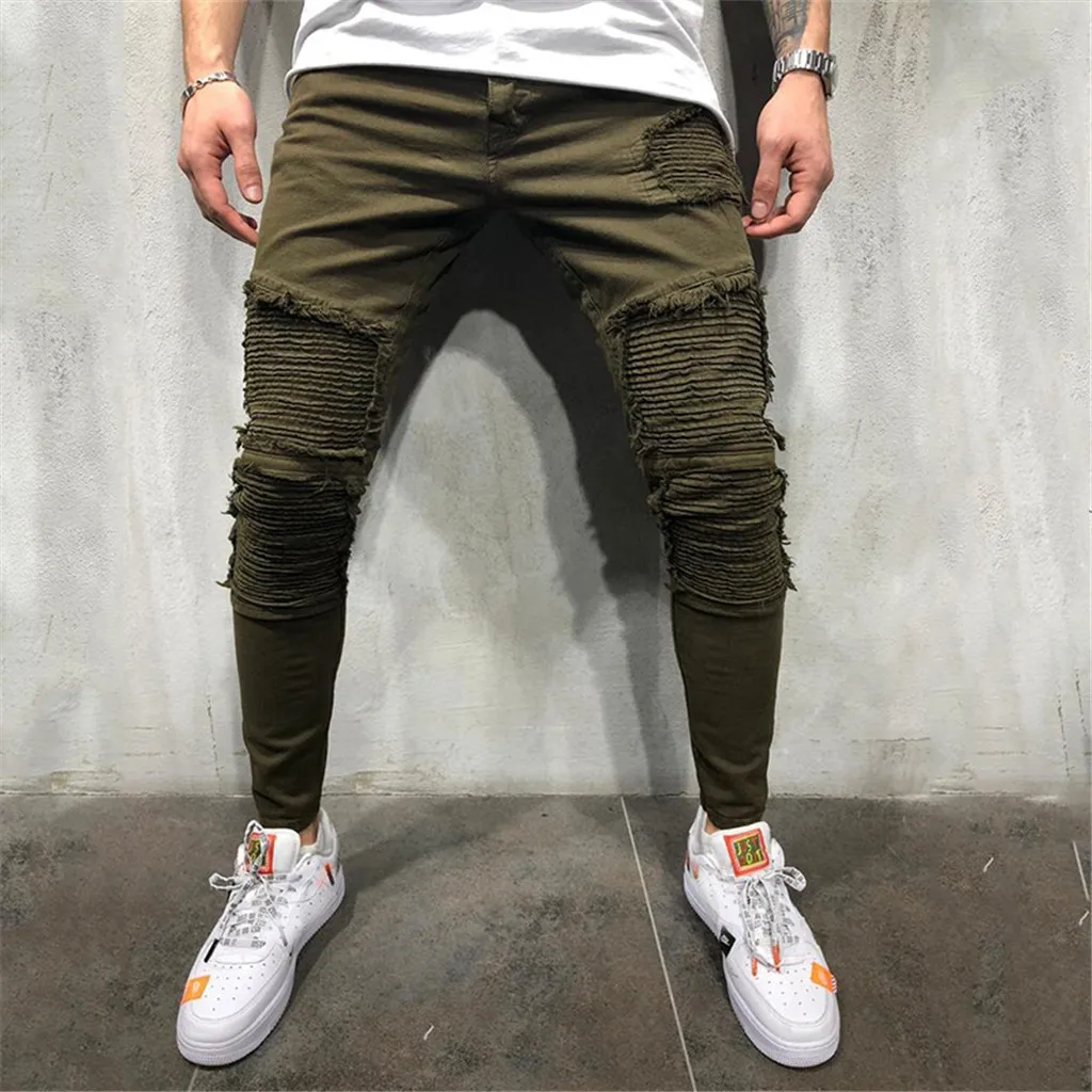 

Men Sweatpants Slim Holes Pleated Pocket Jeans Pants Slim Fit Drawstring Harem Long Pants Elastic Pockets Trousers Plus Size