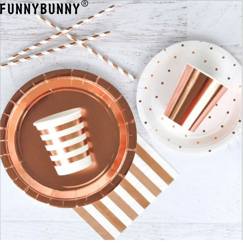 

FUNNYBUNNY Party Hot Rose Gold Paper Cup Paper Tray Disposable Party Supplies Tableware Cake Plate Birthday Party Decorations