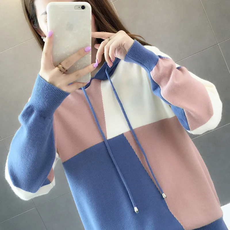 

Autumn dress 2019 new Korean style loose cap knitted sweater fashion impact coloring college wind jacket sweater tide