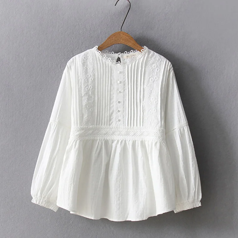 

Spring Summer Mori Girl Casual Shirt Women Solid White Long Sleeve Cotton Embroidery Female Elegant Tops Ladies Blouses U185