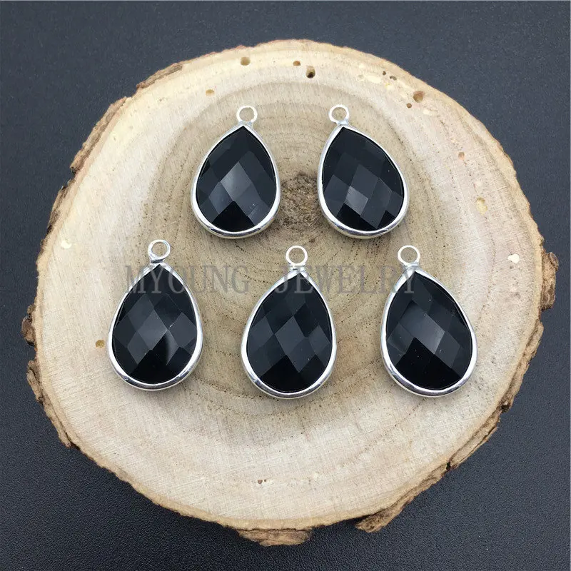 MY0636 Multi Color Faceted Teardrop Shape Glass Pendant Charm Bezel Silver Edge and Bail  (3)