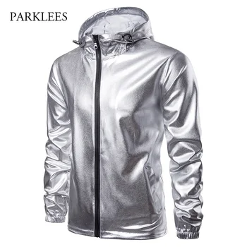 

Shiny Sliver Coated Metallic Hooded Jacket Men 2018 DJ Nightclub Stage Party Jacket Coat Male Hip Hop Streetwear Veste Homme 2XL