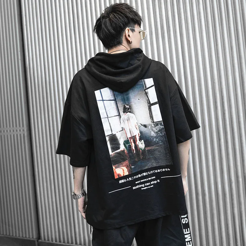 

Aolamegs Men T Shirt Harajuku Japanese Printed Hooded Men's Tee Shirts O-neck Fashion Casual Hip Hop High Street Tees Streetwear