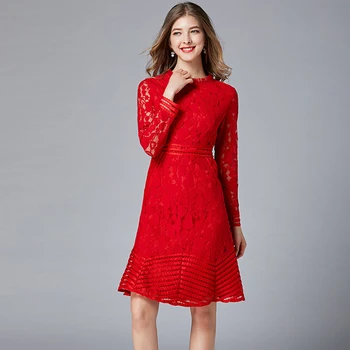 

2019 Dress Sexy Fashion Lace See-Through Large size Women Full O Neck Hollow Out Night Club Body con Party Dresses Wholesale