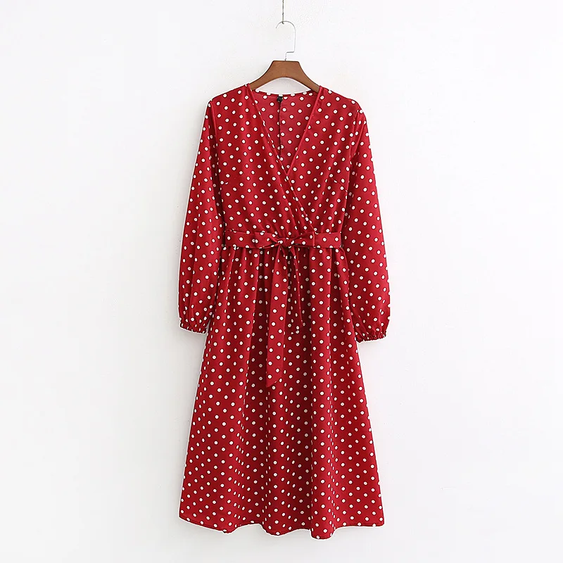 

QZ181 Vintage Polka Dot Print V Neck Slim Waist Bow Knot Red Dress Women Retro Hepburn Vestidos