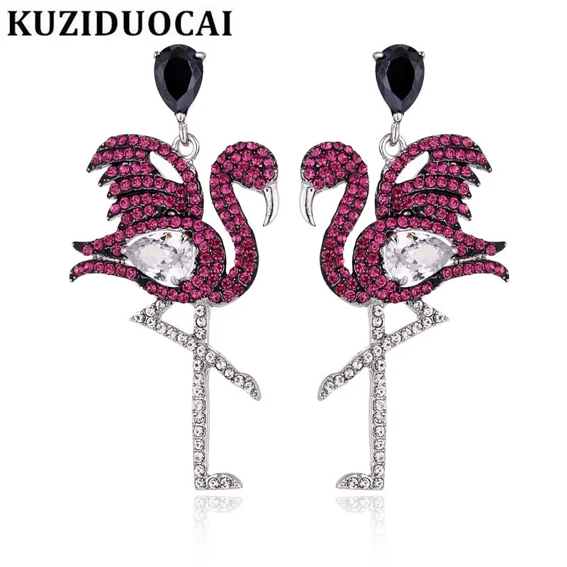 Kuziduocai Новинка! Модные ювелирные изделия из белой меди, яркие серьги-гвоздики с кристаллами фламинго и цирконием для женщин, подарки E-199