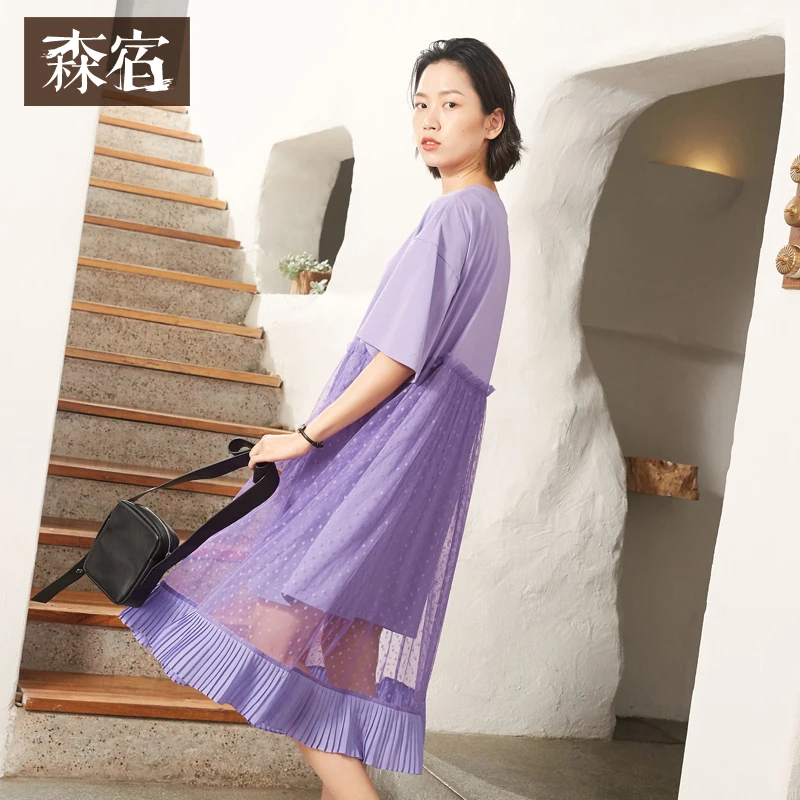 

Samstree Sweet Summer Loose Female Dresses Sheer Cotton Mesh Dot Straight Lace Patchwork Women Vestidos Drop-shoulder Girls