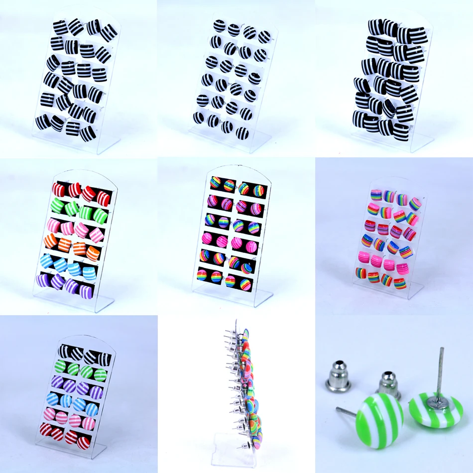 

Factory Cheap Cute Iron Stick Ear Studs Round Square Colorful Rainbow Stripe Design Plastic Resin Stud Earrings 12pairs
