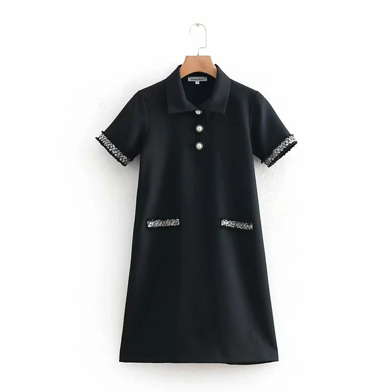 

BBWM WOMAN Za Women Black White Short Sleeve Mini Dress Spring Summer Pearl Button Casual Dresses Streetwear robe femme