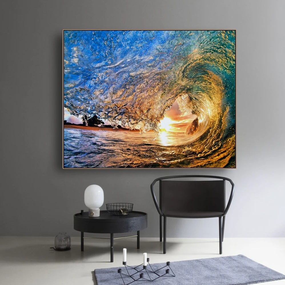 

Laeacco Canvas Calligraphy Painting Abstract Watercolor Posters and Prints Wave Sunshine Wall Art Pictures for Living Room Decor