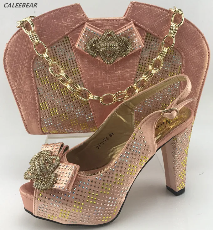 Peach Color Shoes and Bag Set Decorated with Rhinestone High Quality