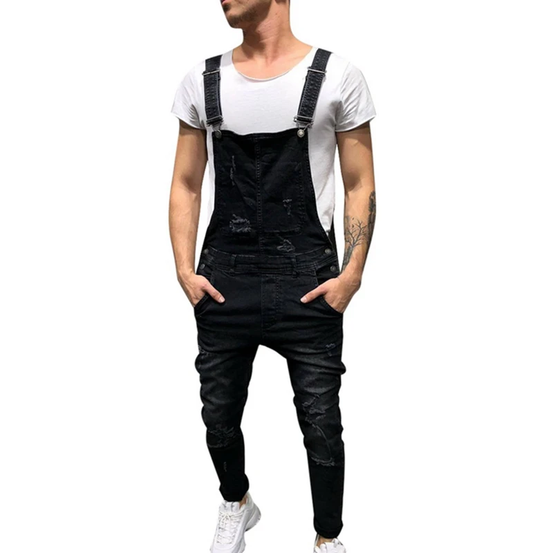 Litthing, новая мода, мужские рваные джинсы, комбинезон, высокий уличный потертый джинсовый комбинезон, Комбинезоны для мужчин, брюки на подтяжках, большие размеры - Цвет: Black