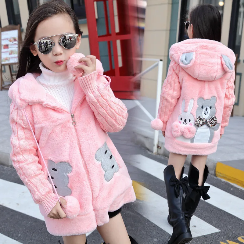

Plush Cartoon Bunny Bear Knitting Autumn Elegant Girl's Jacket Bear Ear Hood High Quality Comfortable Warm Coat