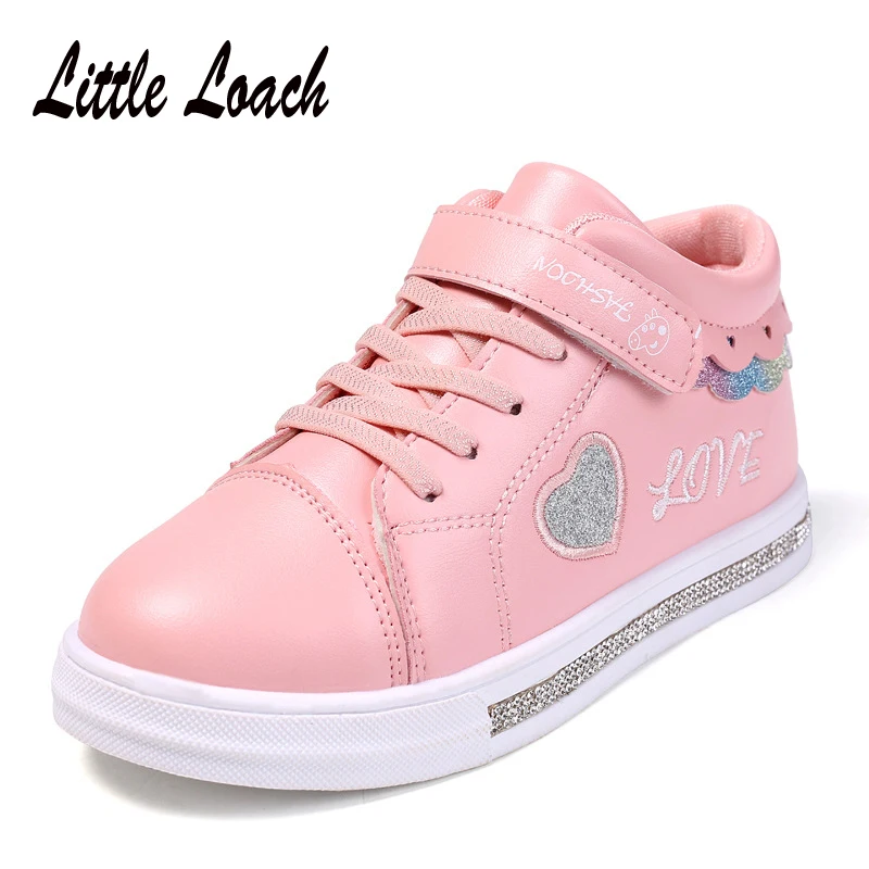 Детская Повседневная Спортивная обувь из искусственной кожи Розовый Черный Белый Дети Мода Блестящие Кроссовки дышащий круглый носок Zapatos