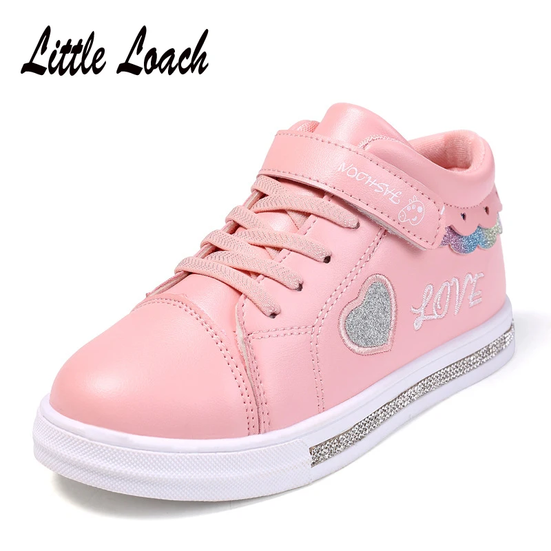 

Children Casual Sports Shoes PU Leather Pink Black White Kids Fashion Shiny Sneakers Breathable Round Toe Zapatos Girls Shoes