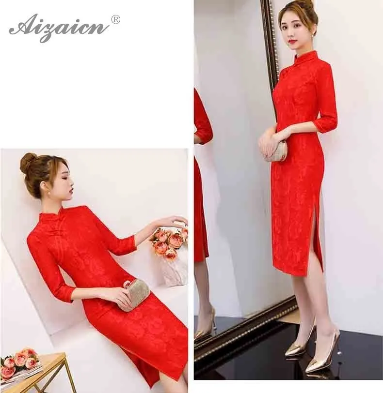 Красные весенние платья кружевное длинное Cheongsam Модное Элегантное тонкое Qi Pao Женская традиционная китайская одежда Chinoise вечернее Ципао