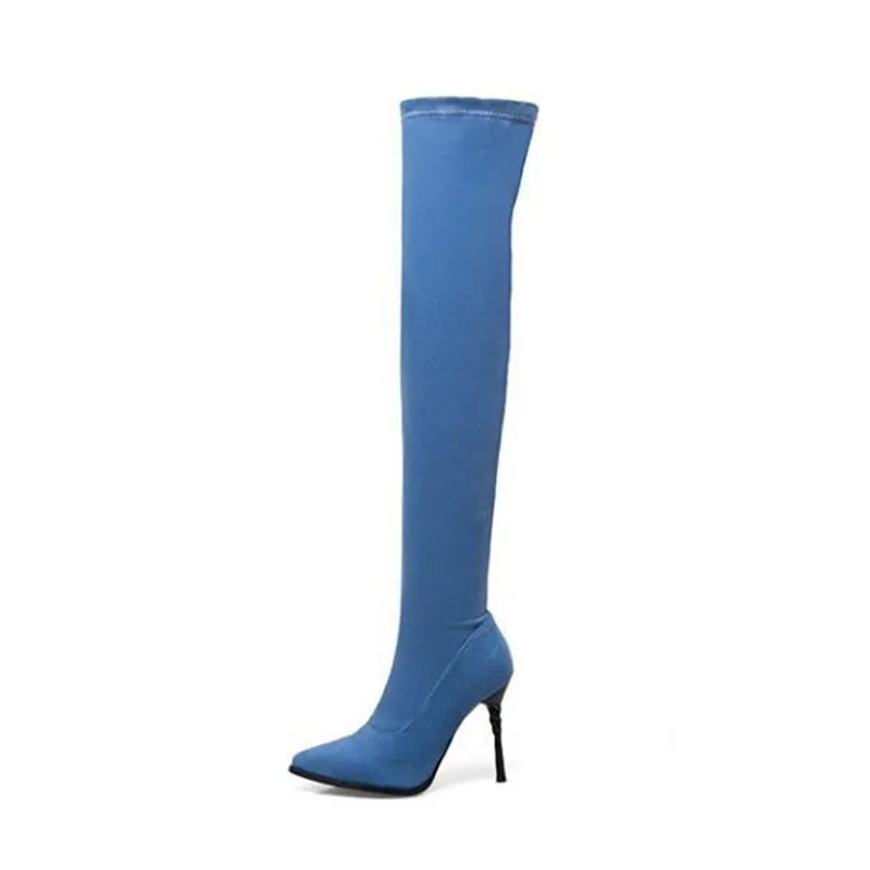 Sexy Pointed Toe Over Knee Boots Denim Slip On Women's Shoes Thigh Boots Rubber Long Barrel Boots 2018 Winter Footwear For Women (5)