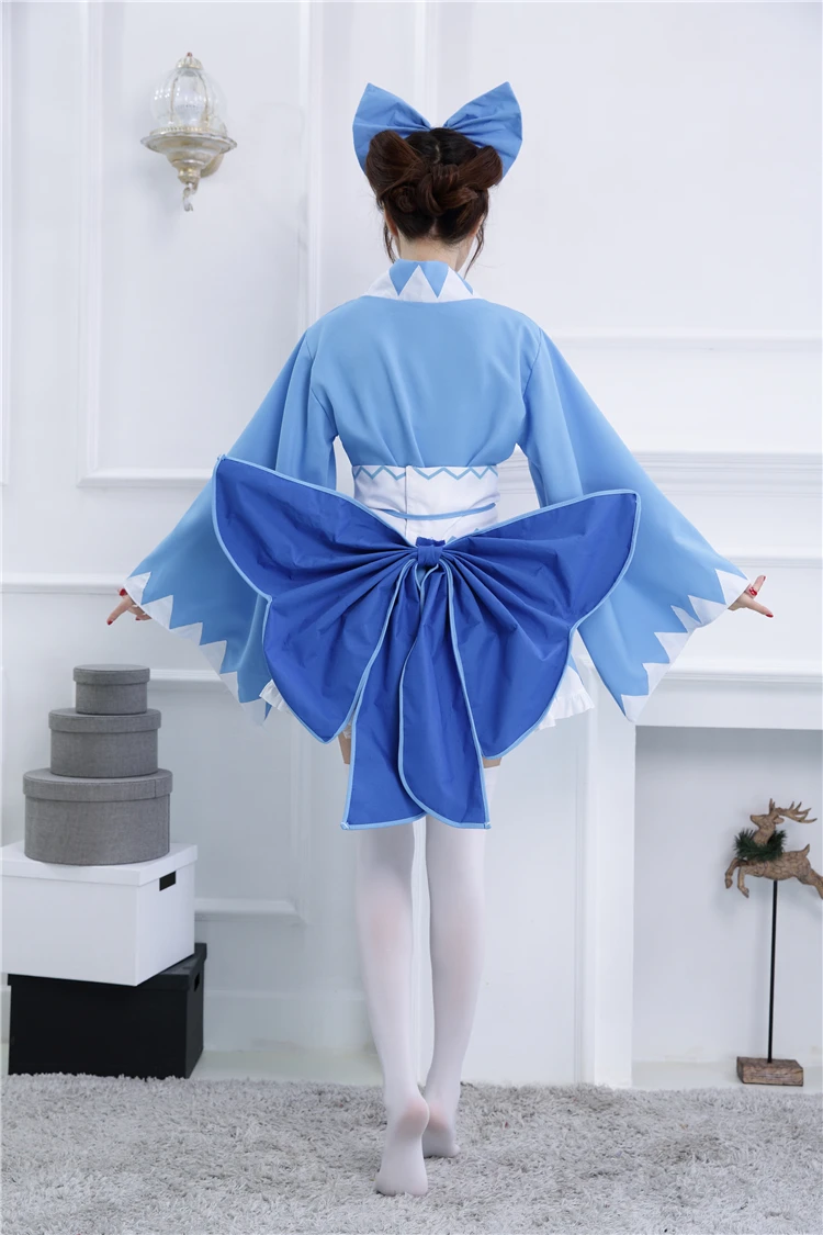 Touhou Project Cirno Кимоно костюмы косплей полный комплект синий халат (платье пояс