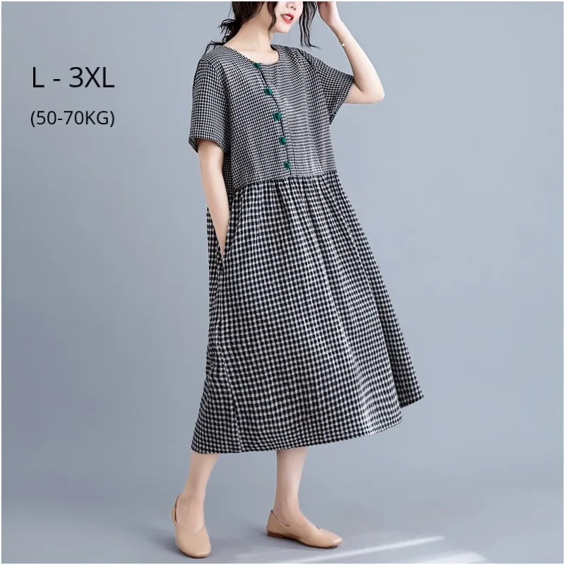 

Fashion Women Short Sleeve Summer Dress Elegant Slim Black White Plaid Dresses Plus Size 3XL XXL XL Ladies Vintage Loose Dress