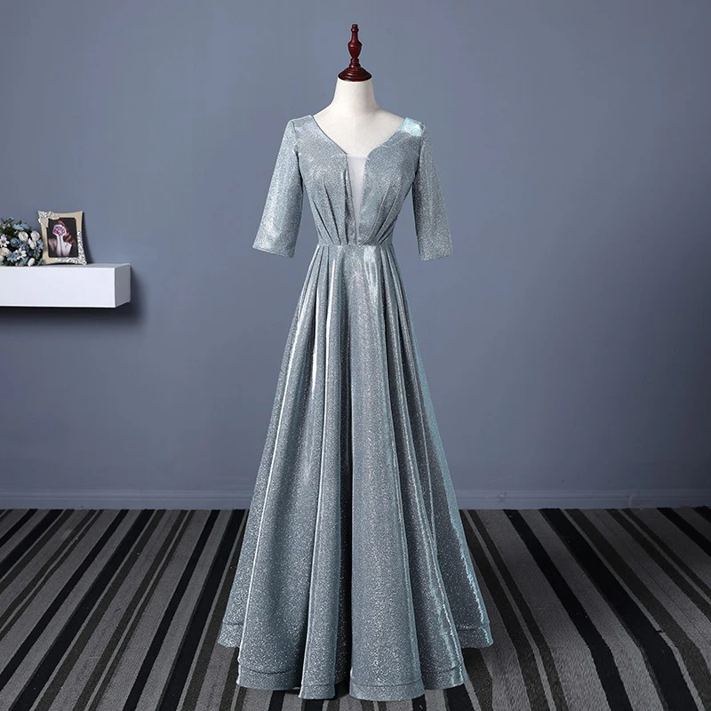 

New Half Sleeves Evening Dresses 2019 Silver A-line Ruched V neck Simple Lace up Back Long Formal Evening Gown Factory Outlet