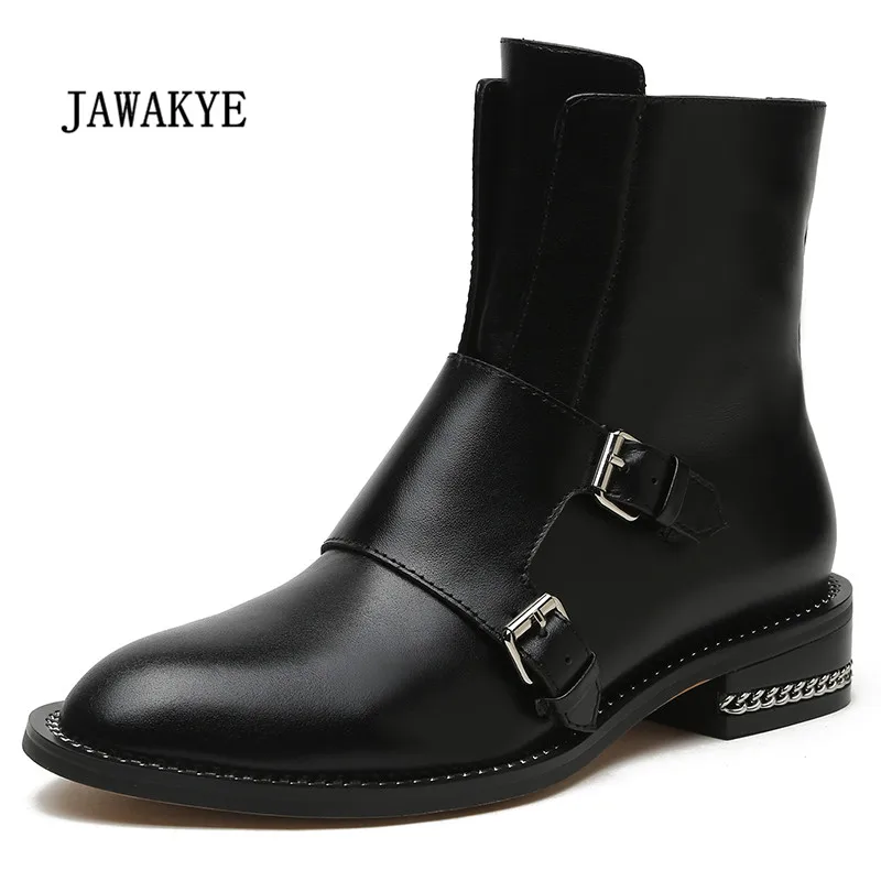 

2017 Real Leather Martin Boots Women Round Toe Double Buckle Side Zipper Metal Chain Motorcycle Boots Woman Cool Ankle Boots