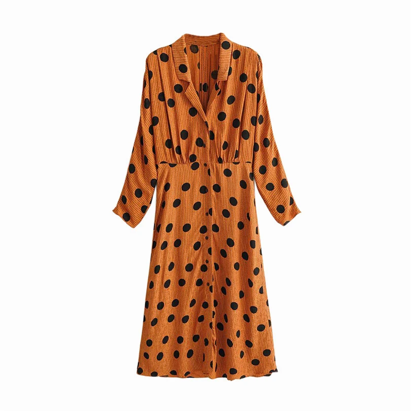 

Women polka dot print dress turn down collar Straight female casual ankle length retro long dresses vestidos