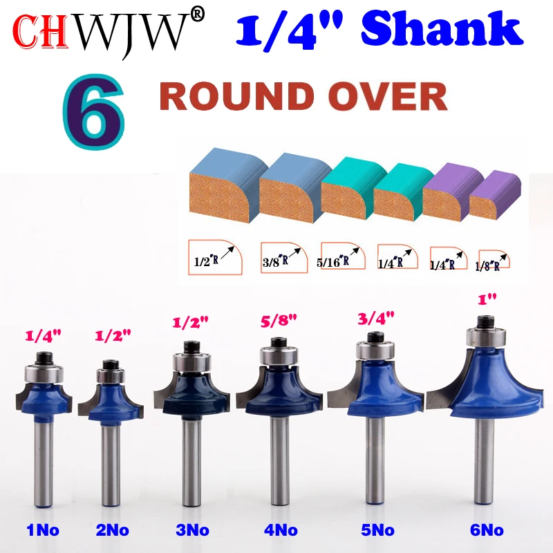 

6PC 1/4" Shank high quality Round Over Router Bit Set 1/2,3/8,5/16,1/4,1/8 Radius Tenon Cutter for Woodworking Tools
