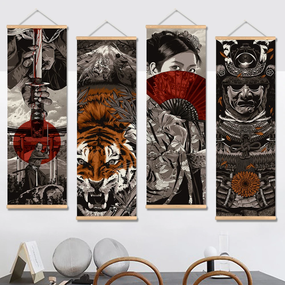 Japan Samurai Ukiyoe Scroll Poster Canvas Painting Wall Art Home Decor Pictures Living Room Bedroom Decoration Scroll Painting