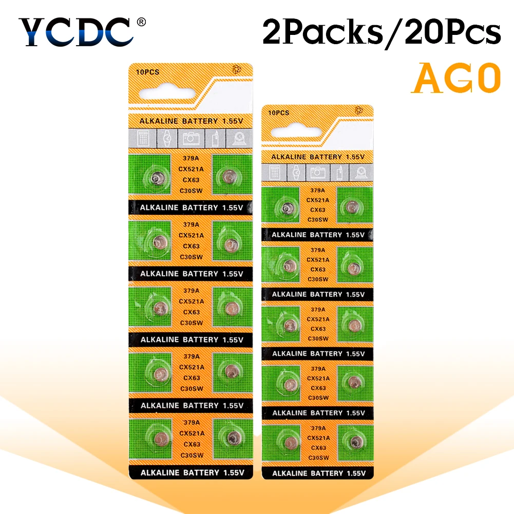 

YCDC 20pcs Alkaline Batteries AG0 LR521 379 V520 SR521SW Button Cell Coin Battery AG0 D379 618 GP379 Button Replacement Bateria