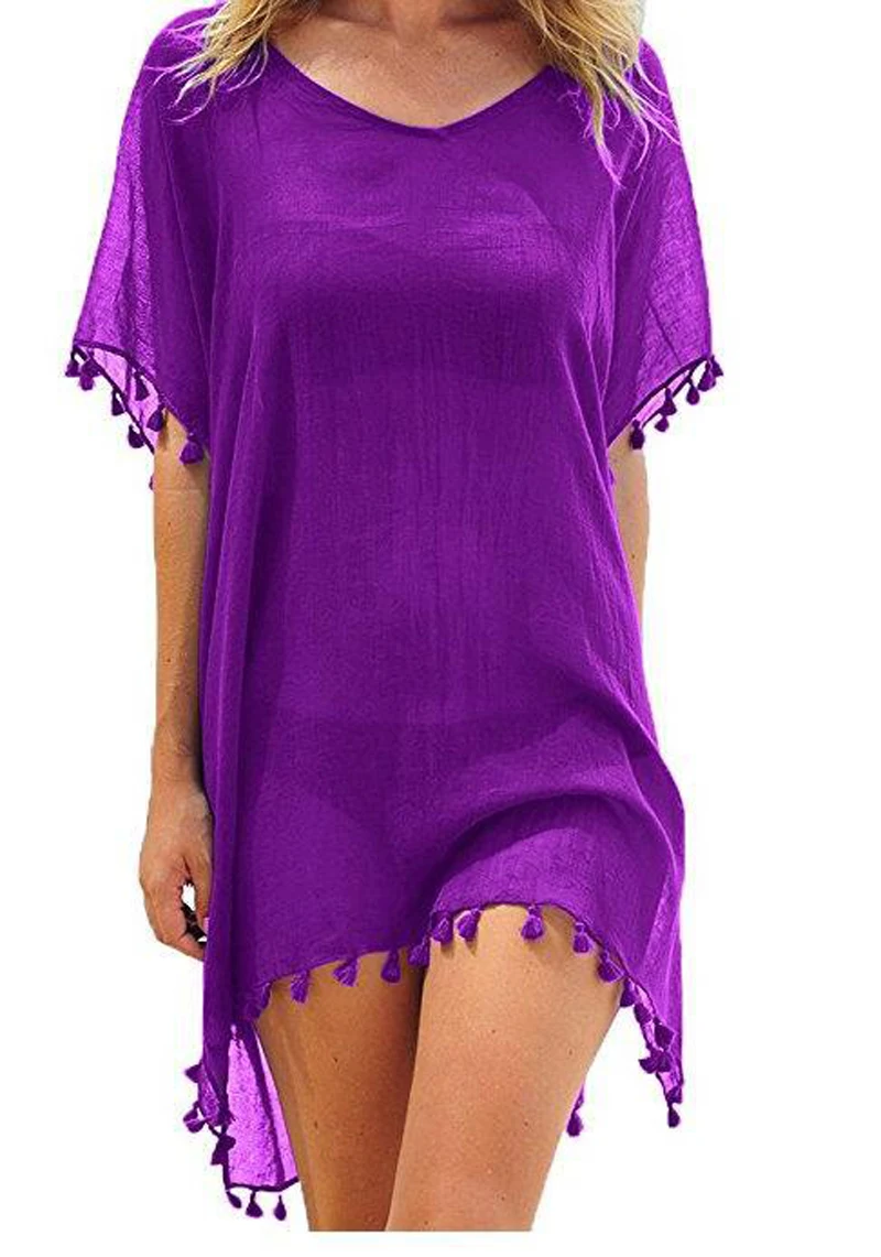 New Women Beachwear Swimwear Tassel Bikini Cover Up Summer Kaftan Beach Dress Bathing Suits Summer Mini Dress Loose Solid Pareo