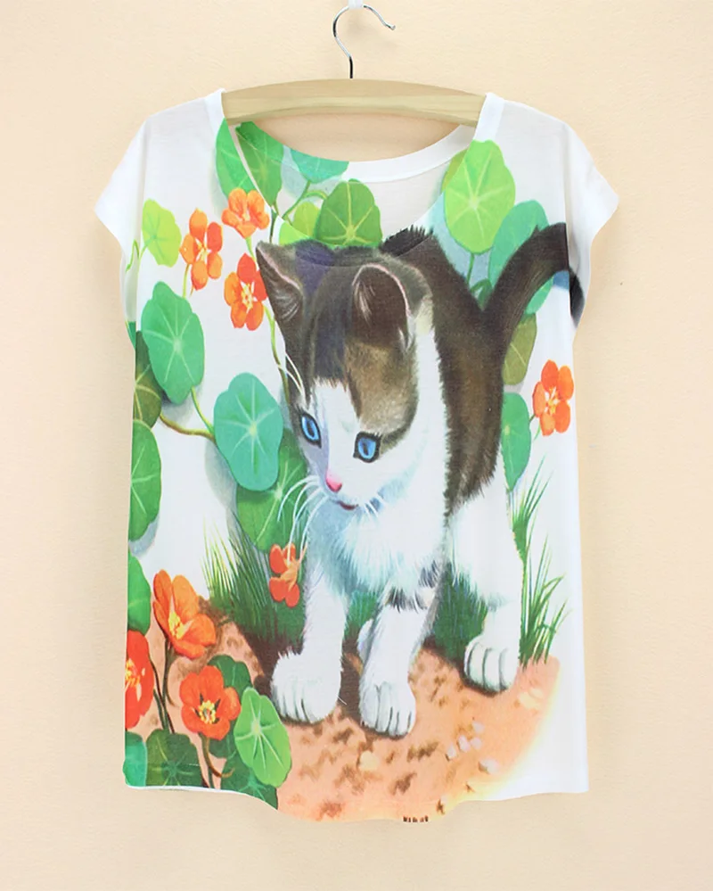 

white cat Animal Print Tops flower leaves blue eyes cat 3D printing tshirt 2015 newest design trend Graphics Tees
