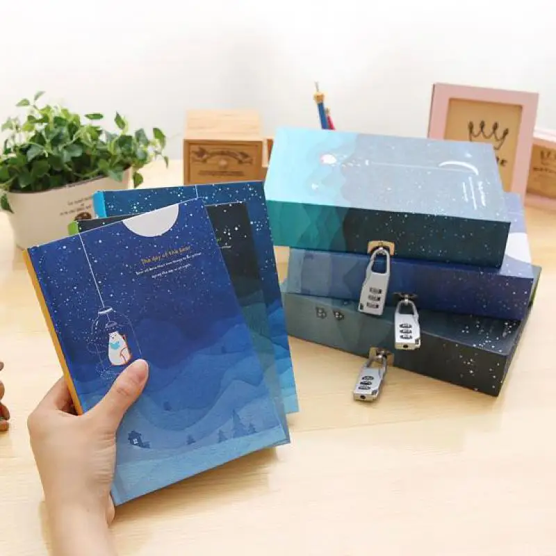

Blue Starry Sky Diary With Lock Retro Note Book Boxed Hardcover Notebook With Weekly Plan Blank Grid Paper School Kid Girls Gift