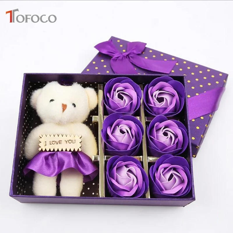 Tofoco New Romantic Мыло цветок плеск Медведь кукла + 6 Роза поддельные искусственные цветы подарочная коробка для день рождения Рождество