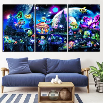 

3 Pieces Cartoon Picture Beautiful Butterfly and Bee Animal World Landscape Oil Painting for Home Decor Wall Art