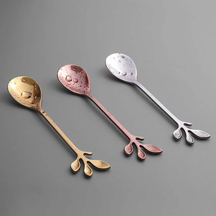 12cm Stainless Steel Tableware Creative Leaf Coffee Spoon Mixing Ice Tea Cream Sugar -Rose Gold Silver | Дом и сад