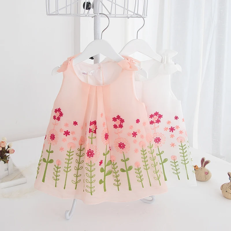 

2018 New Summer Baby Girl Cotton Soft Dress Kids Elegant Embroidery Floral Shoulder Bowknot Dress Infant Girls Clothing 6m-18m