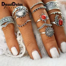 14pcs/Set Vintage Silver Moon and Sun Midi Ring Set Pattern for Women Female Red Large Stone Knuckle Ring Gift 14pcs/Set Vintage Silver Moon and Sun Midi Ring Set Pattern for Women Female Red Large Stone Knuckle Ring Gift