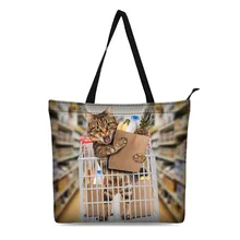 Холщовая хозяйственная сумка персонализированные сумки Сумка через плечо 3D животное кошка дизайн черный продуктовый мешок х/б Сумка Черный