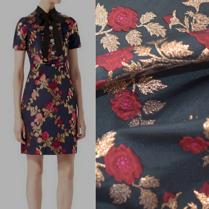 

2018 fashion beautiful flowers gold thread yarn-dyed jacquard fabric for dress coat tissu au metre patchwork tela tissus tecido