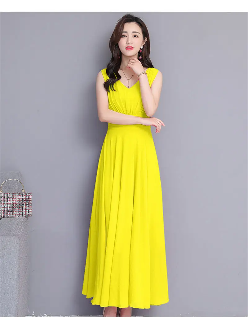 Высококачественное фиолетовое шифоновое пляжное платье в стиле бохо для женщин, летнее однотонное платье с v-образным вырезом, плиссированное вечернее платье, женские платья - Цвет: Цвет: желтый