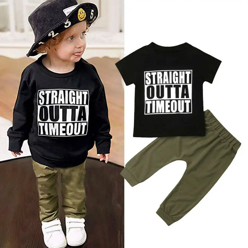 

2019 0-4T Summer Kids Outfit Baby Boys Clothes Set Toddler Short Sleeve Letter T-shirt+Long Pants 2pcs Children Clothing Set
