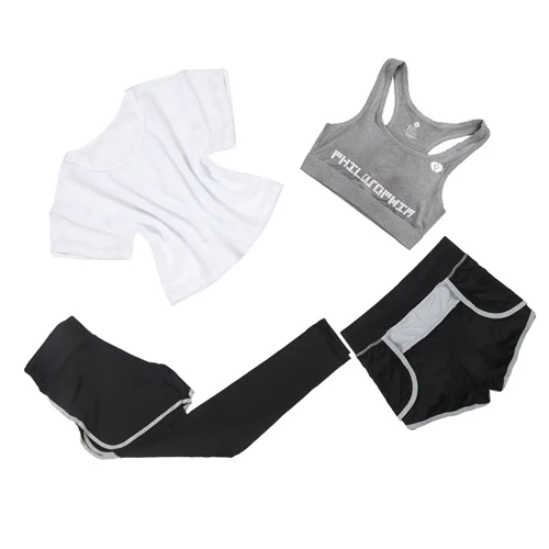 Женская Спортивная одежда для тренировок в тренажерном зале, штаны+ бюстгальтер+ шорты+ штаны, костюм из 4 предметов, одежда для йоги спортивный костюм, комплект - Цвет: Серебристый