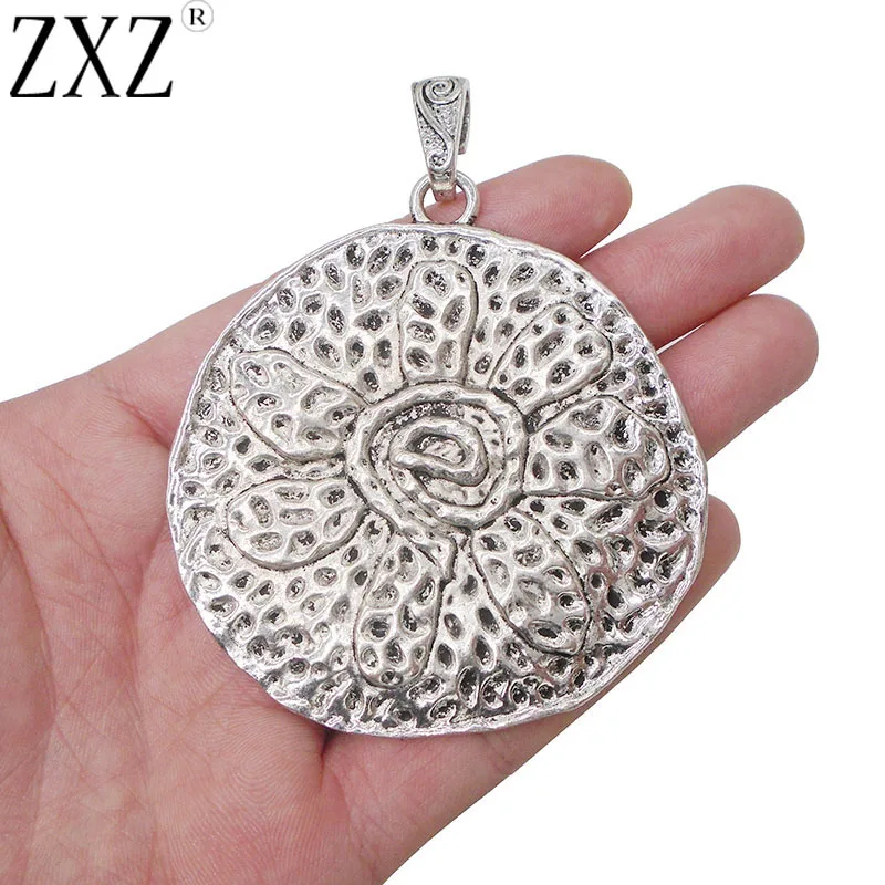 

ZXZ 2pcs Large Antique Silver Hammered Spiral Swirl Flower Charms Pendants for Jewelry Making Findings 70x65mm