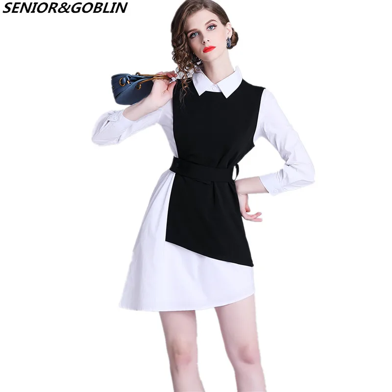 

2019 Spring New Women Clothes Two Piece Set White Irregularity Blouse Shirt+Black Vest Dress Plus Size Casual Suits