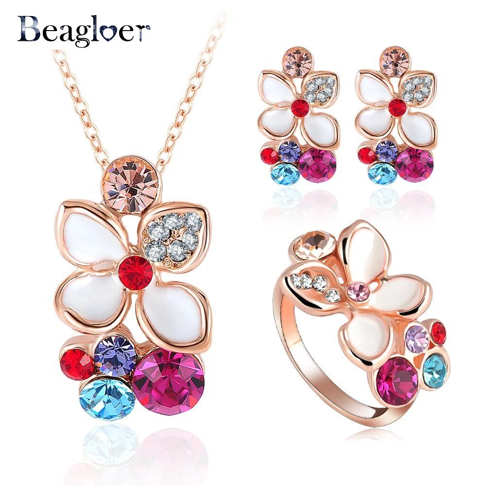 Beagloer New Wedding Enamel Flower Jewelry Set Rose Gold Color Top ...
